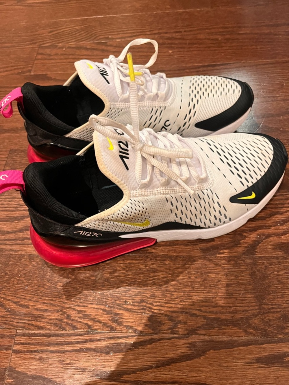 Nike White, Black & Pink Air Max 270 Sneakers with Yellow Accents